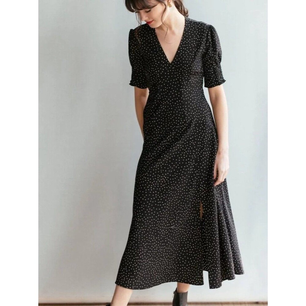 Olive Clothing Jeanne Black Polka Dot Midi Dress Size XS